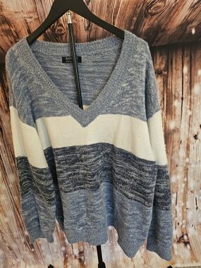 BloomChic Blue and Cream Striped V-Neck Sweater